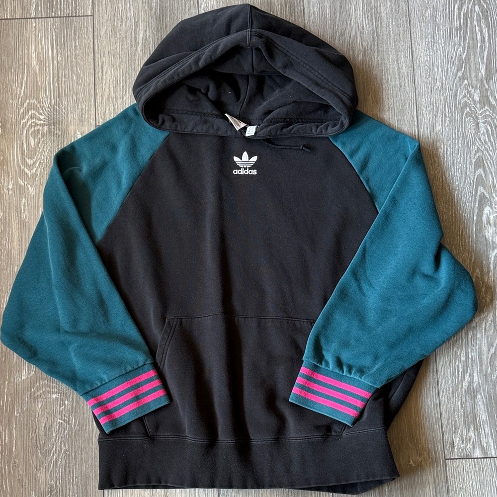 Adidas Black and Teal Hoodie with Pink Stripes